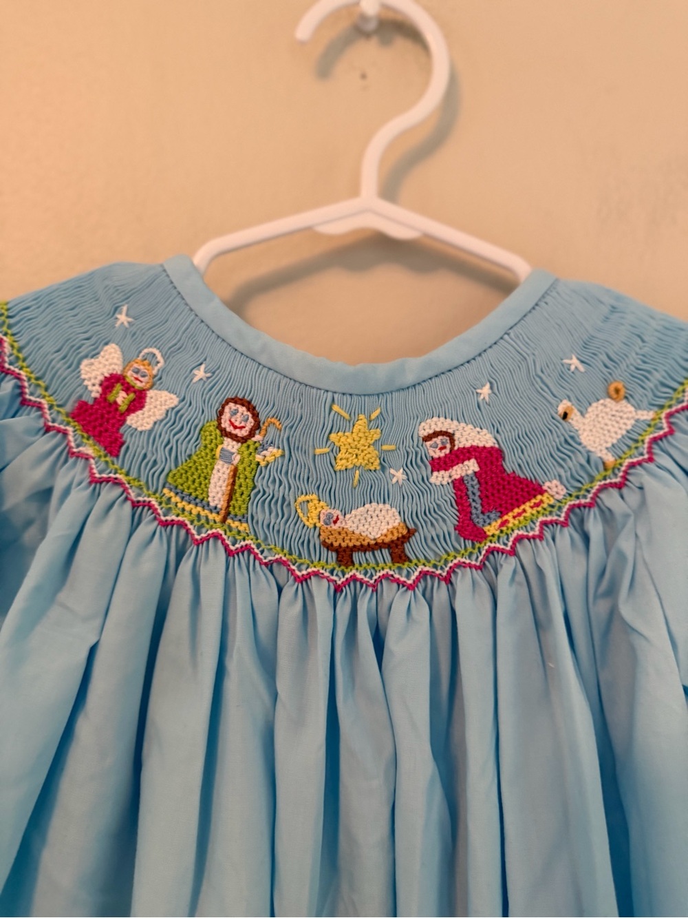 Children's Light Blue Smocked Nativity Dress with Pink Trim - Picture 2 of 4